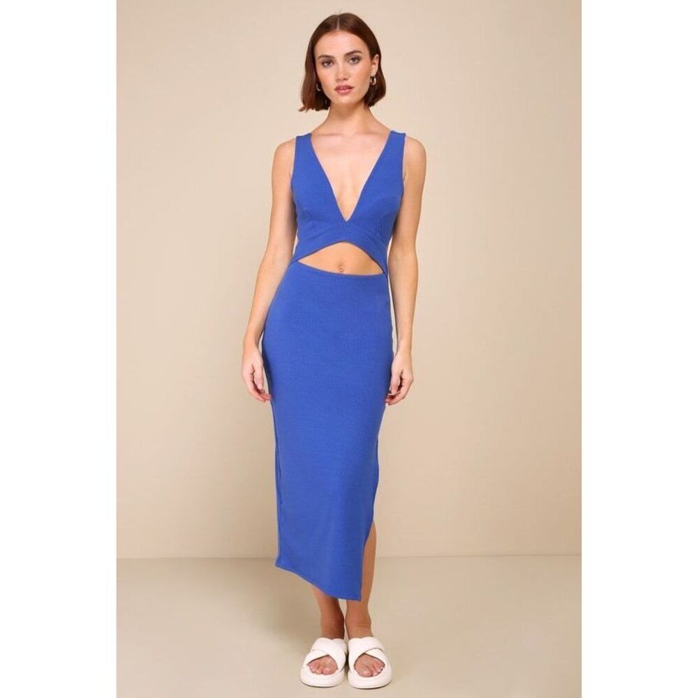 Lulus Divide And Contour Royal Blue Ribbed Cutout Bodycon Midi Dress - Size XS